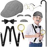 Rrshnsgv Old Man Costume Accessories for Kids,100th Day of School Grandpa Set with Glasses,Bow Tie,Suspender,Mustache Eyebrow