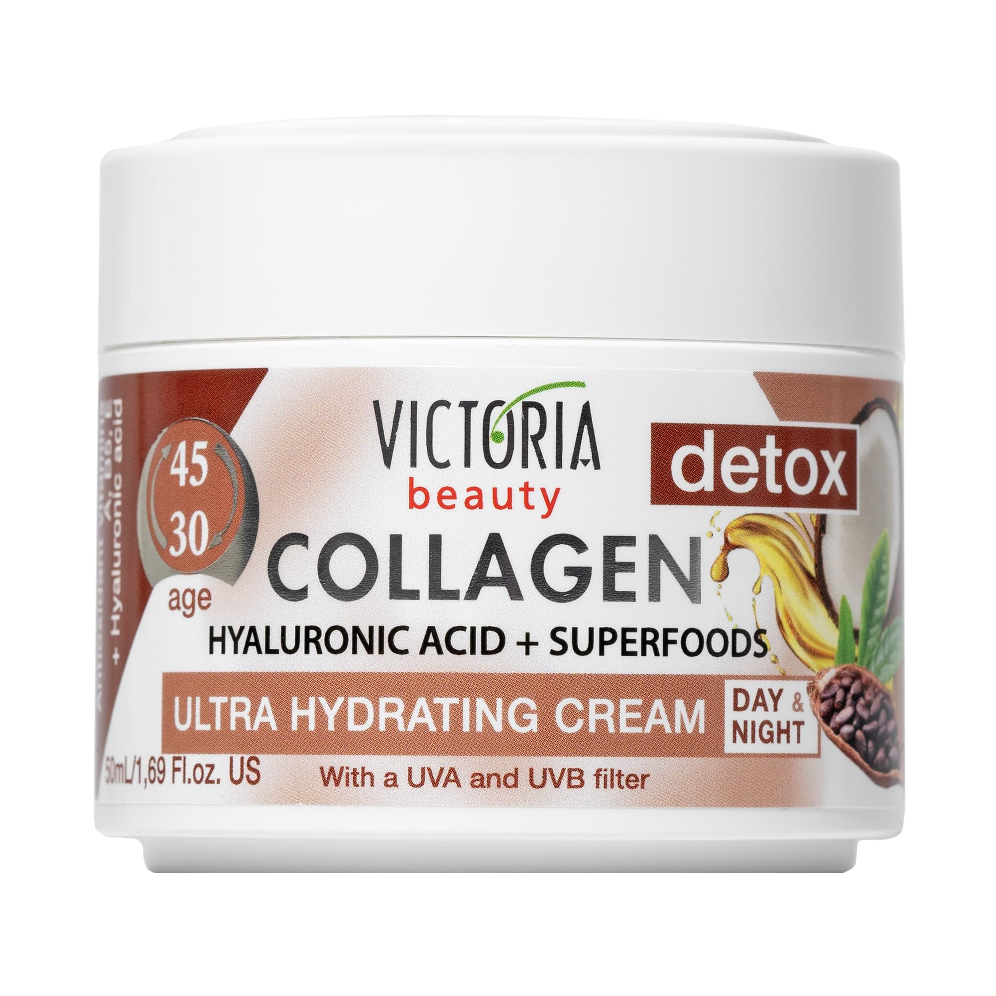 Victoria Beauty Day and Night Anti-Aging Moisturiser with Collagen, Hyaluronic Acid, Super foods, Vitamins and a UVA/UVB Filter for Ages 30 – 45, Pack of 2 (2 x 50 ml)