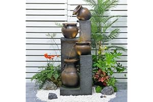 Bumilgar 53" H Outdoor Garden Water Fountain for Garden, Patio, Backyard, Deck, Porch and Home Art Decor, 4 Tiers Cascading Large Outdoor Fountain with Lights,Gold