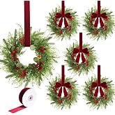 Thewe 6Pcs 12" Christmas Candle Wreaths for Kitchen Cabinet Table Decor | Small Xmas Wreaths Faux Norfolk Pine with Red Ribbon,Artificial Berries Wreath Ideal for Windows Dinning Table Decor