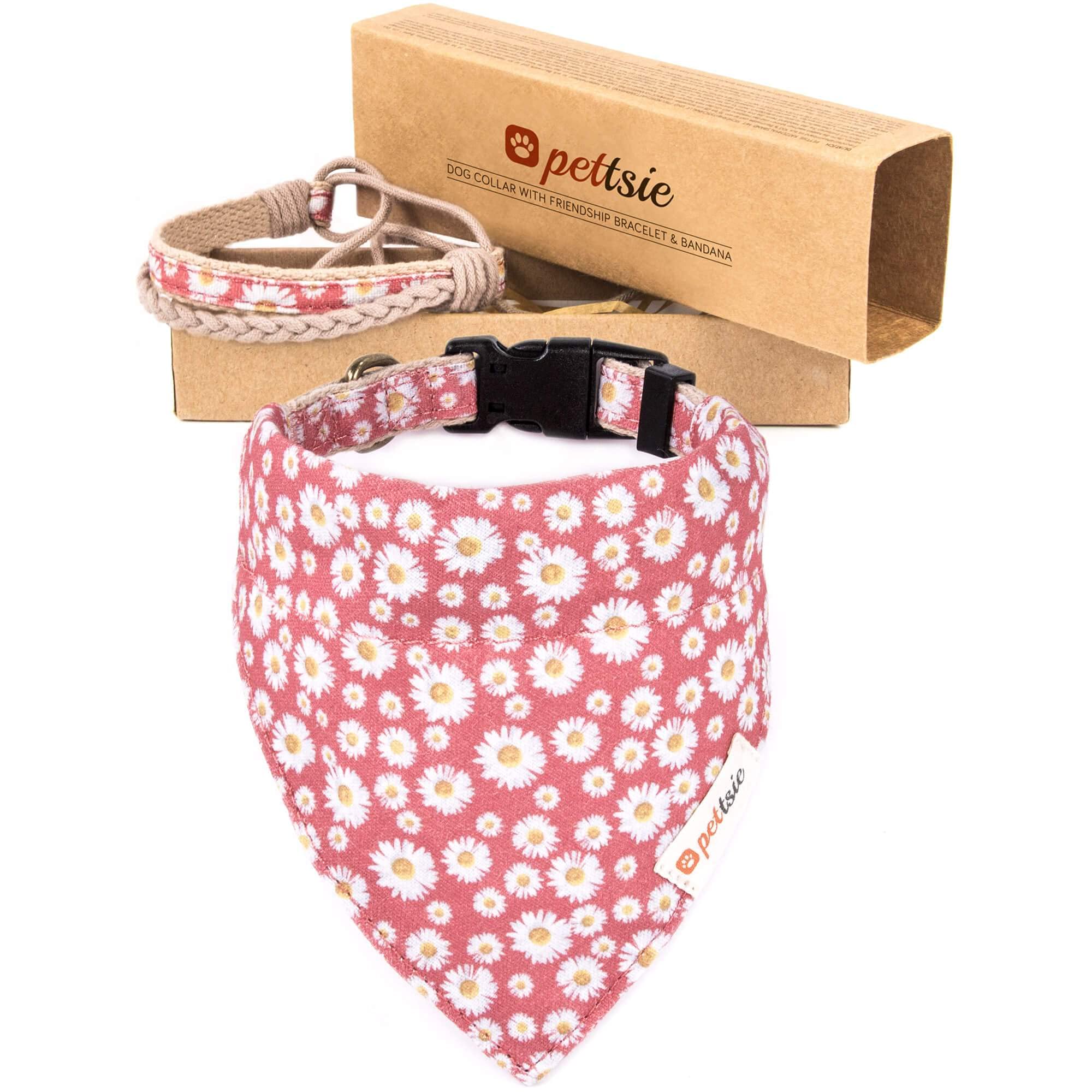 Pettsie Dog Collar Bandana with Matching Bracelet, Adjustable for Small, Medium & Large Dogs, Durable Hemp, Soft & Stylish Design, M, Pink