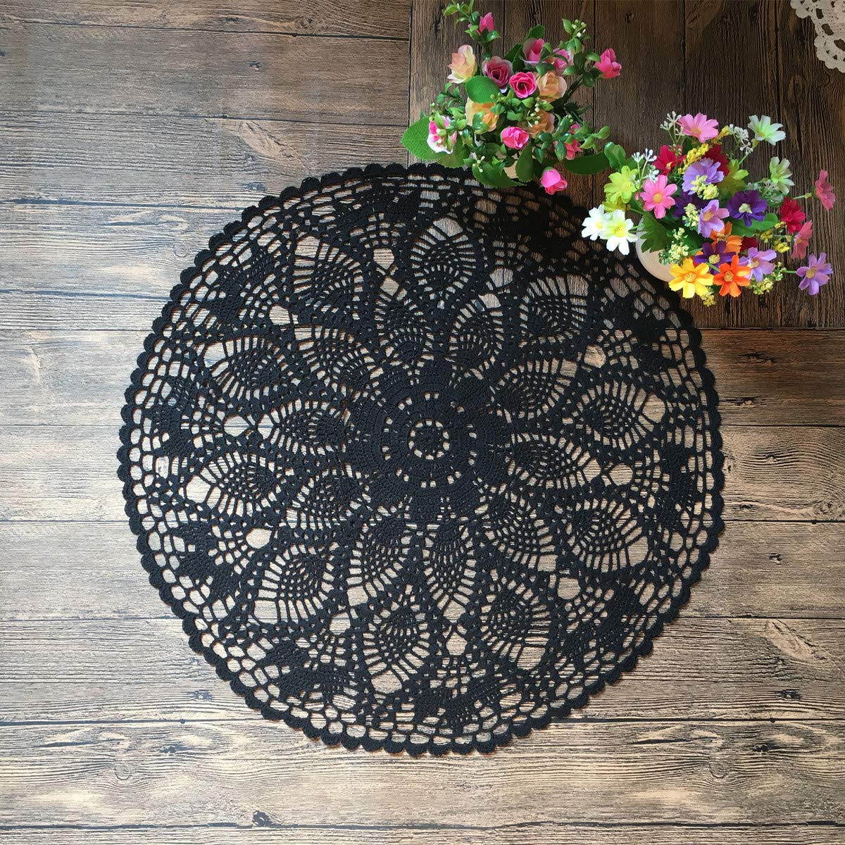 MINDPLUS Cotton Hand Crochet Doilies Lace Crocheted Table Cloth Doily Placemat 24 Inches Round Black