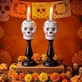 2 Pcs Day of The Dead Sugar Skull Candle Holders for Ofrenda Altar Decor | Resin Calavera Candlestick for Día De Los Muertos, Sugar Skull Skeleton Design, Halloween Gothic Home Tabletop Decoration