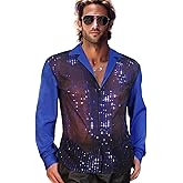AIBEIX Mens Mesh Sequins See Through 70s Disco Long Sleeve Button Down Shirts