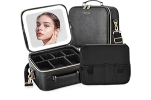 ZhenGuiRu Makeup Bag with LED Mirror, Portable Makeup Artist Organizer Case with Lighted Mirror, Travel Makeup Bag for Cosmetic Brush Holder Storage, Black Makeup Case for Women Gift