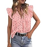 PRETTYGARDEN Womens Summer Tops 2026 Dressy Casual Ruffle Cap Sleeve Button V Neck Embroidered Eyelet Blouses Shirts