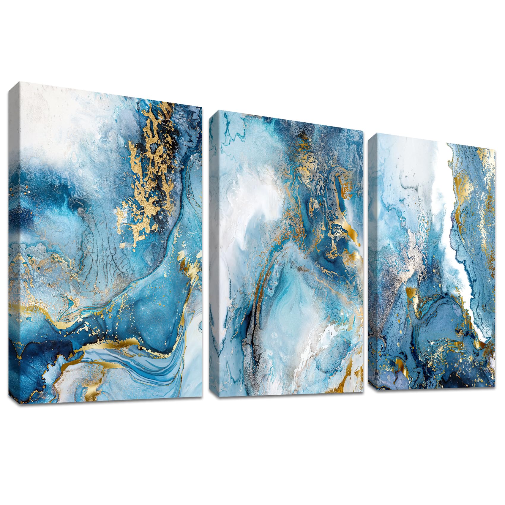 3 Panels Wooden Framed Golden Blue Ocean Canvas Wall Art Nordic Marble Painting on Canvas Print Picture for Living Room Hallway Stairs Bedroom Bathroom Wall Decor Ready To Hang 90x40cm(12"x16"x3pcs) — image 1