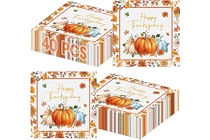 LITMITFU 40 Pcs Happy Thanksgiving Napkins - 6.5 Inch Fall Watercolor Paper Napkins, 3-ply Disposable Pumpkin Maple Leaf Cocktail Napkin Tableware Set for Autumn Thanksgiving Party Decorations Supplies Favors