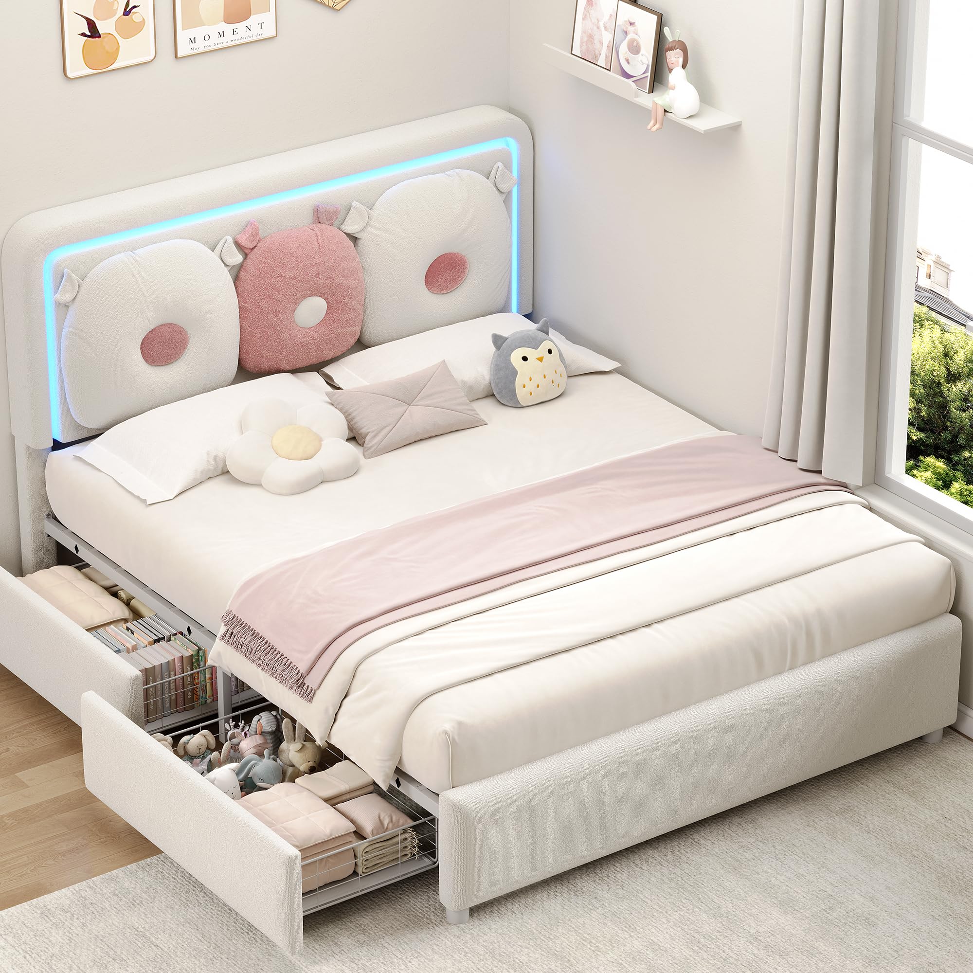 Photo 1 of ***Missing parts*******Missing parts****Bed Frame Queen with Boucle Upholstered Headboard, Girls Bed with 2 Drawers, Solid Wood Slats Support, No Box Spring Needed/Easy Assembly, White Bed Frame Queen