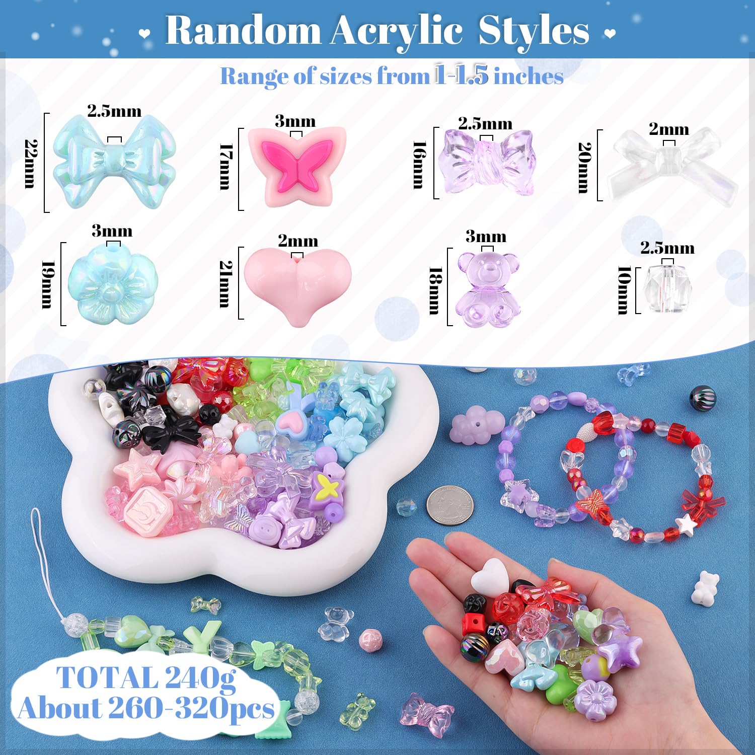 TINKRSTUFF Assorted Acrylic Beads, 400-450PCS 6 Mixed Colors Cute Beads for Bracelet Making, Aesthetic GummyBear Bow Flower Butterfly Kawaii Charms for Jewelry Making DIY Necklace Keychain Phone Charm