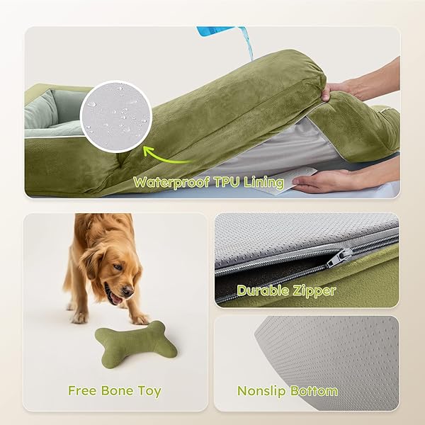 CWAWZ EXTRA LARGE DOG BED, ORTHOPEDIC DOG BED WITH COOLING GEL MEMORY FOAM, WATERPROOF XL PET BED WITH REMOVABLE WASHABLE COVER, 42″ PET SOFA COUCH DUTCH VELVET WITH BONE TOY, DARK GREEN
