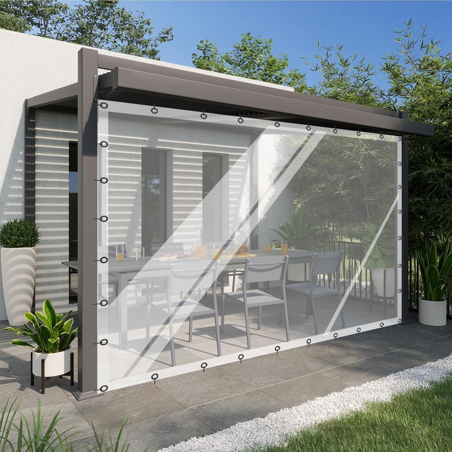 Outdoor Curtains - CghhDY Patios Waterproof Side Panels, Waterproof Clear Tarpaulin with Grommets, Outdoor Pergola Curtains with Zip Door, for Gardens, Plants, Customizable (Color : A, Size : 5' x 7')