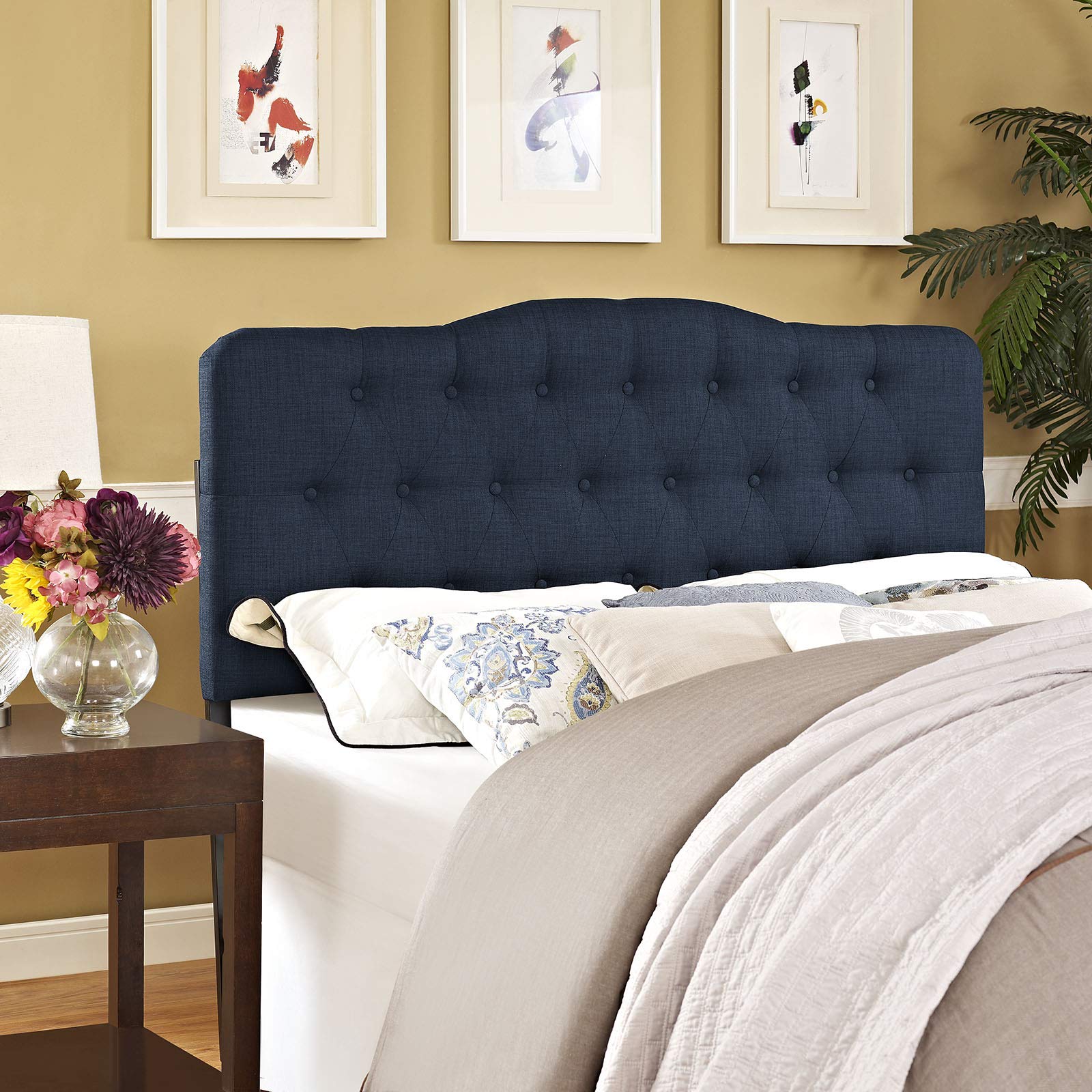Modway Annabel Tufted Button Linen Fabric Upholstered Queen Headboard in Navy Image