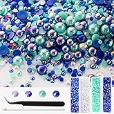 4298Pcs Cyan Blue Flat Back Pearls Rhinestones for Crafts Mixed Size 3mm-8mm AB Color Round Half Pearls Flatback Pearl Beads and Resin Rhinestones Set for Face Art