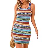 PRETTYGARDEN Womens 2026 Summer Mini Dresses Square Neck Sleeveless Tank Bodycon Striped Boho Sundress Beach Vacation Outfits