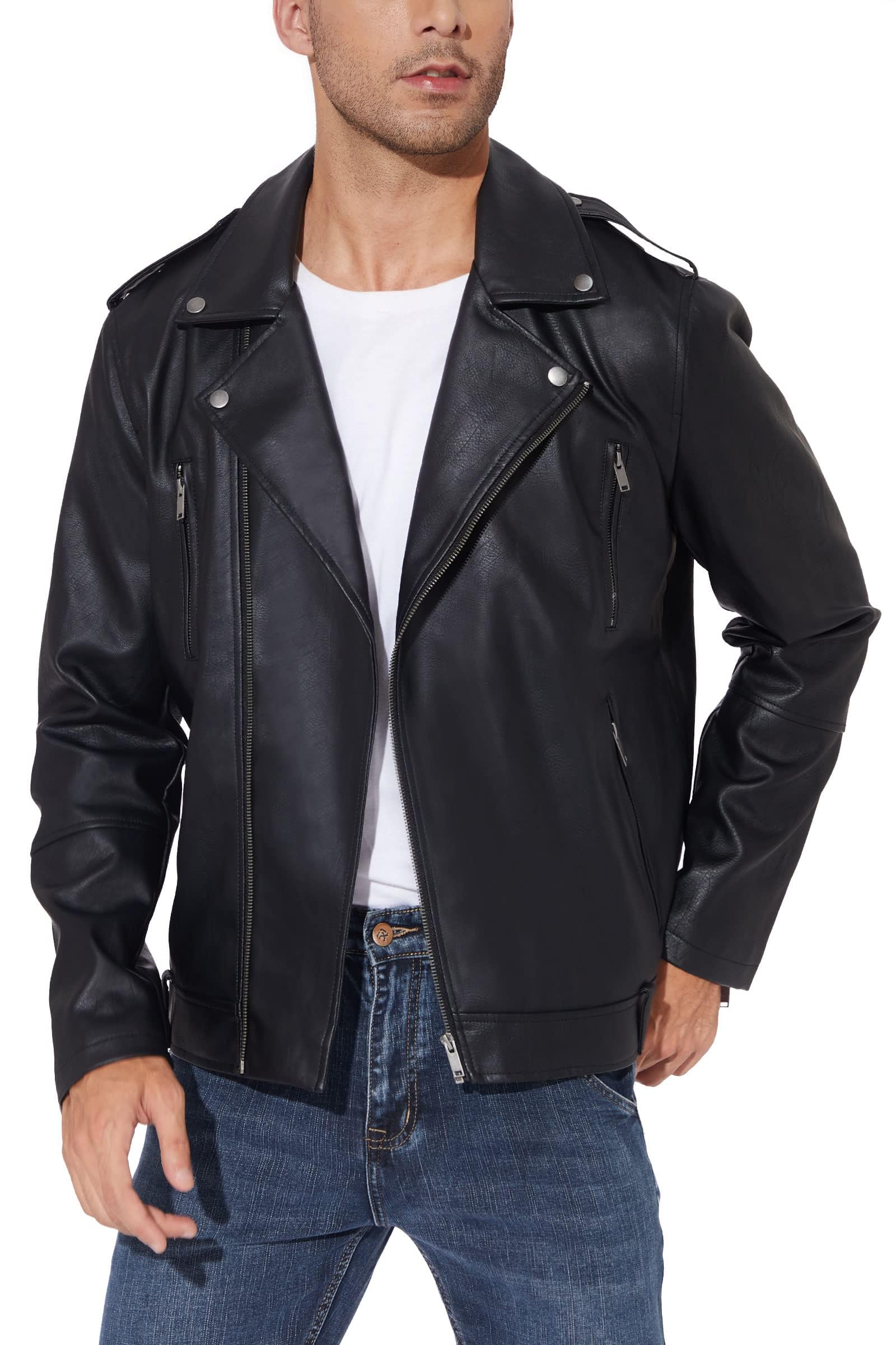Photo 1 of Fahsyee Leather Jackets for Men, Faux Bomber Jacket Mens Motorcycle Lapel Zip-Up Belt Slim Fit Biker Coat Black M