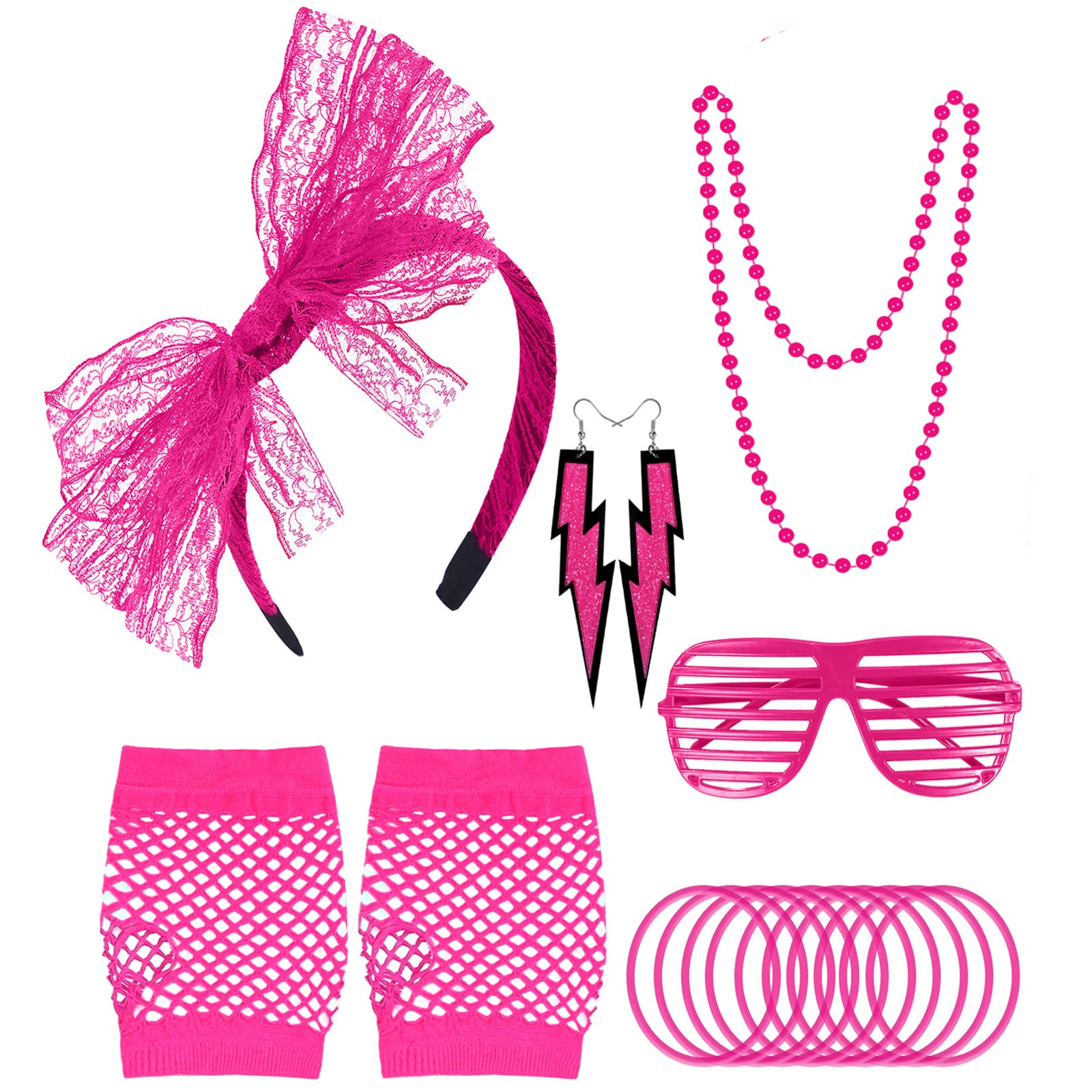 ONUPGO 80s Accessories Costumes for Women Neon Headband Earrings Fishnet Gloves Necklace for 80s Retro Theme Party Outfits… (Rose Red)