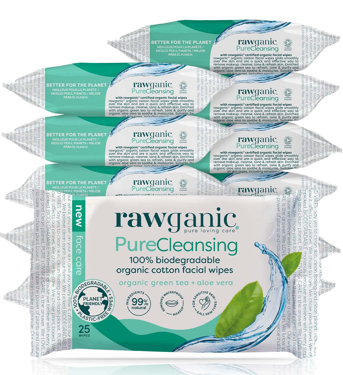 RAWGANIC Pure Cleansing Refreshing Facial Wipes with Aloe Vera and Green Tea | Gentle Soothing Biodegradable Makeup Removal Organic Cotton Wipes | 12 Packs (300 wipes in total) — image 1