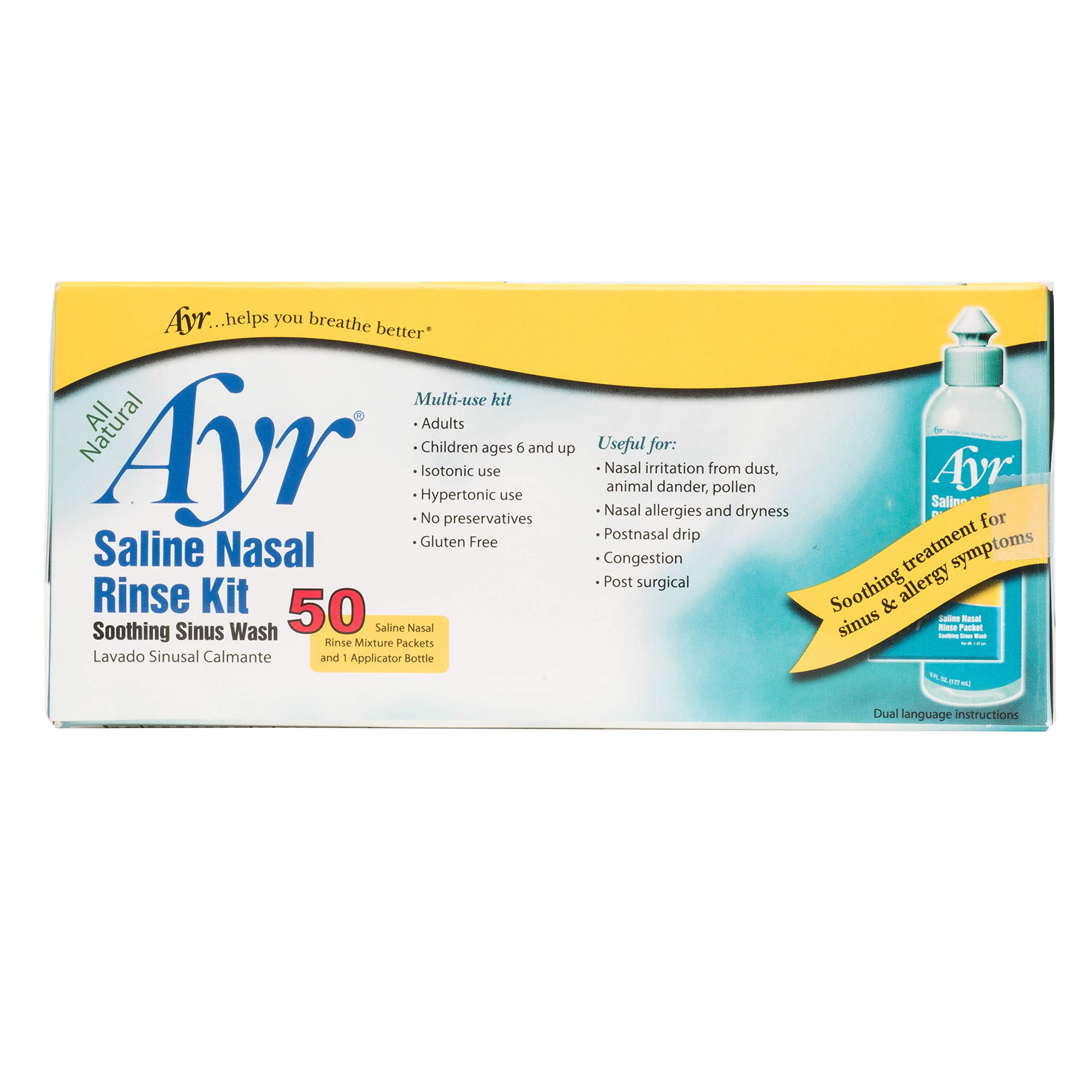 Ayr Saline Nasal Rinse Kit Soothing Sinus Wash, 50 Count Saline Nasal Rinse Mixture Packets Plus Applicator Bottle