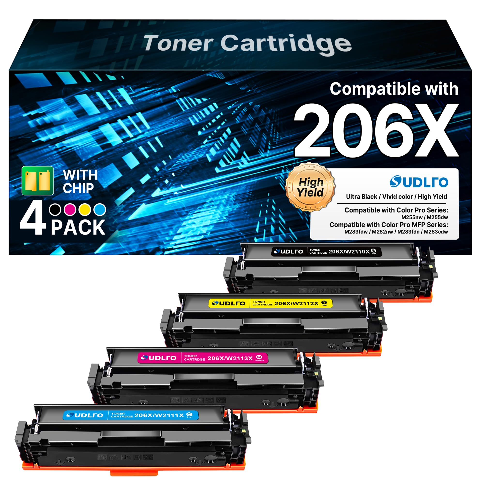 Photo 1 of 206X Toner Compatible with HP 206X Toner Cartridges 4 Pack High Yield M283fdw Replacement for HP 206A Toner Cartridges Work with Color Laserjet Pro MFP M283fdw M283cdw M255dw | W2110X W2110A Black
