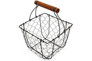 CVHOMEDECO. Chicken Wire Egg Basket Fruit Basket with Wooden Handle Primitives Vintage Gathering Basket. Rusty (Square)