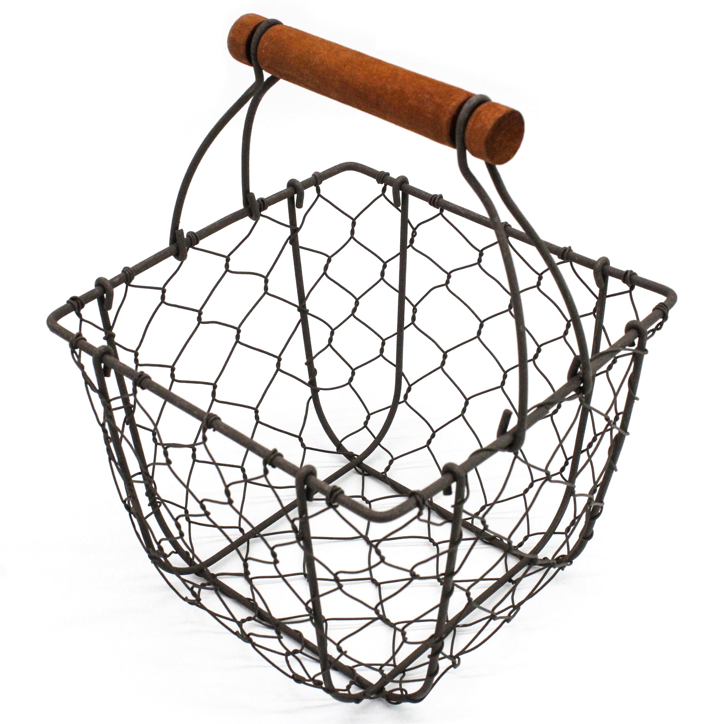 CVHOMEDECO. Chicken Wire Egg Basket Fruit Basket with Wooden Handle Primitives Vintage Gathering Basket. Rusty (Square)