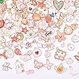 MARFOREVER 120 Pcs Pink Charms, Assorted Gold Enamel Charm for Jewelry Making Pink Theme Mixed Flowers Heart Fruit Moon Star Dangle Pendants Charm for DIY Bracelet Necklace Earrings Crafts
