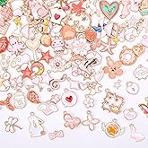 MARFOREVER 120 Pcs Pink Charms, Assorted Gold Enamel Pink Charm for Jewelry Making Mixed Theme Flowers Heart Fruit Moon Star Dangle Pendants Charm for DIY Bracelet Necklace Earrings Crafts