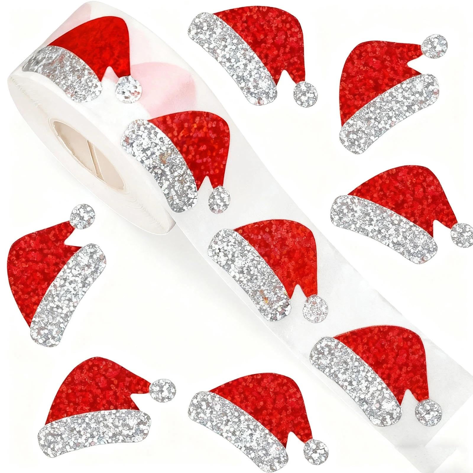AYZDJ 1000 Pcs Santa Hat Stickers, Glitter Christmas Stickers Roll for Greeting Cards, Gifts, Party Decorations and Holiday Crafts