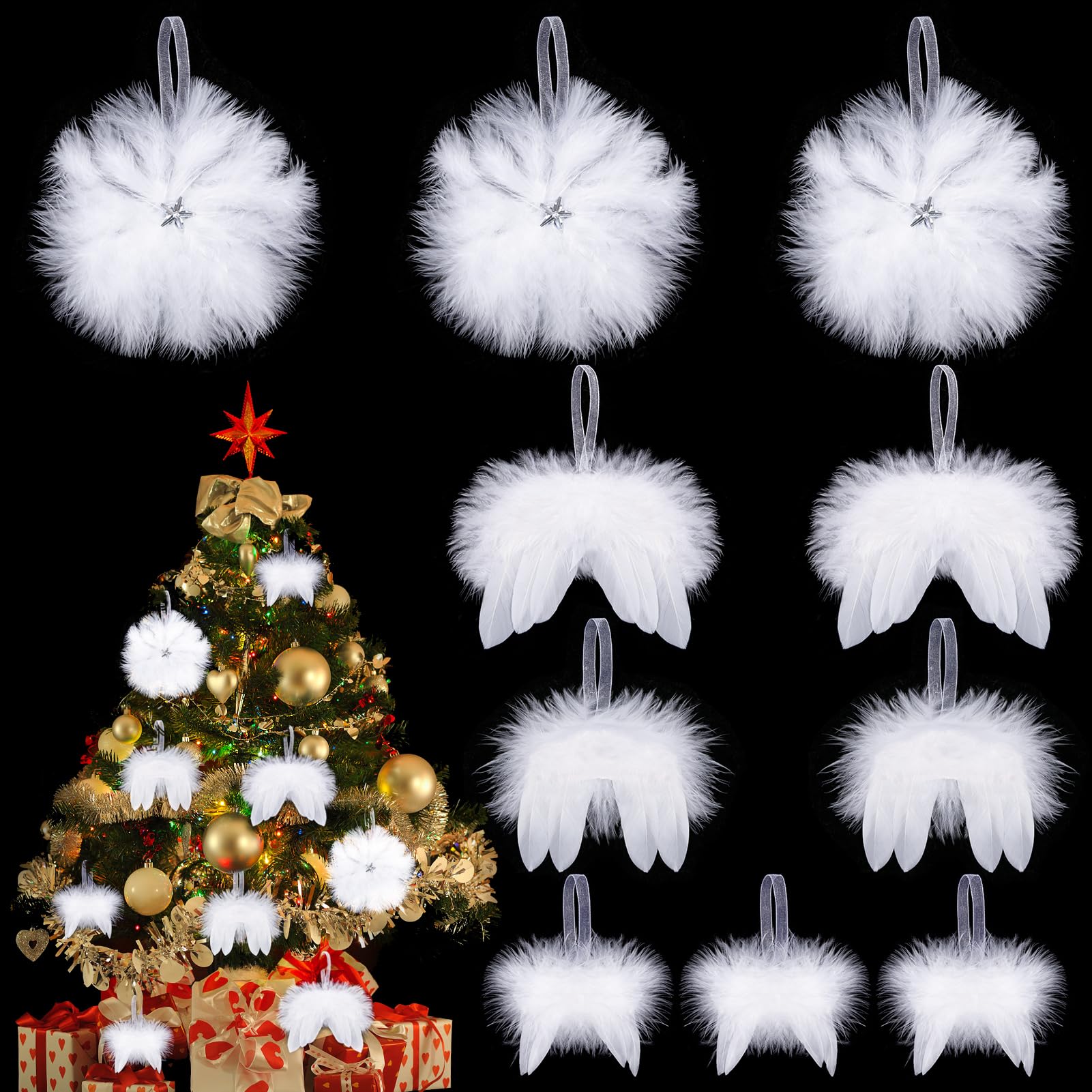 Becellen 10Pcs White Christmas Tree Angel Wings Feather Decorations, Christmas Feather Wings Hanging Ornaments for Xmas Wedding Winter Wonderland Decorations
