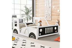 MERITLINE Kids Floor Bed Full Car-Shaped Platform Bed with Wheels, Wooden Full Bed Frames with Doors and Windows, Full Car Bed with Slat Support for Kids Boys Girls, White