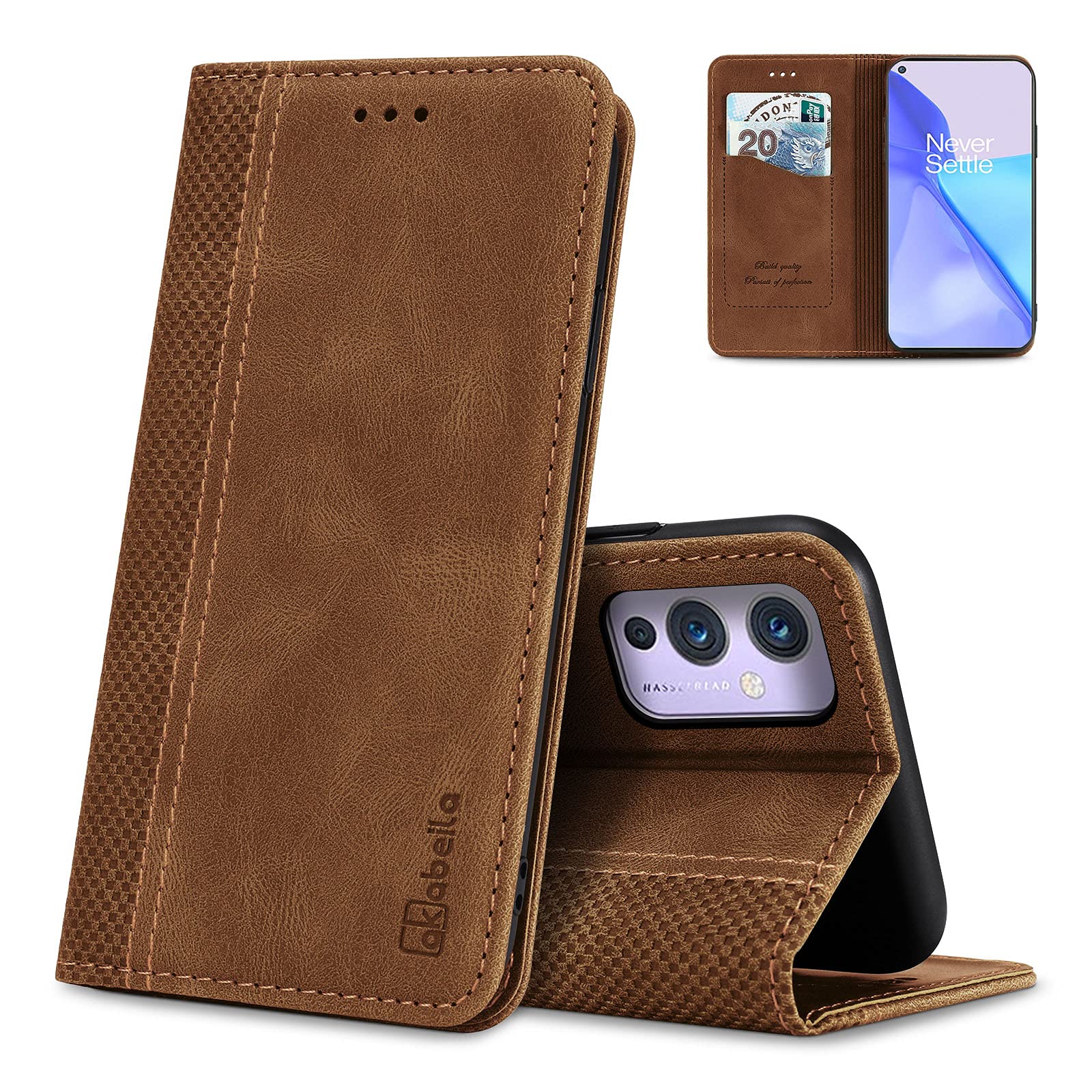 AKABEILA Case for OnePlus 9 Premium Leather Flip Wallet Case with Magnetic Closure Kickstand Card Slots Folio Phone Case Cover Shockproof Light Brown