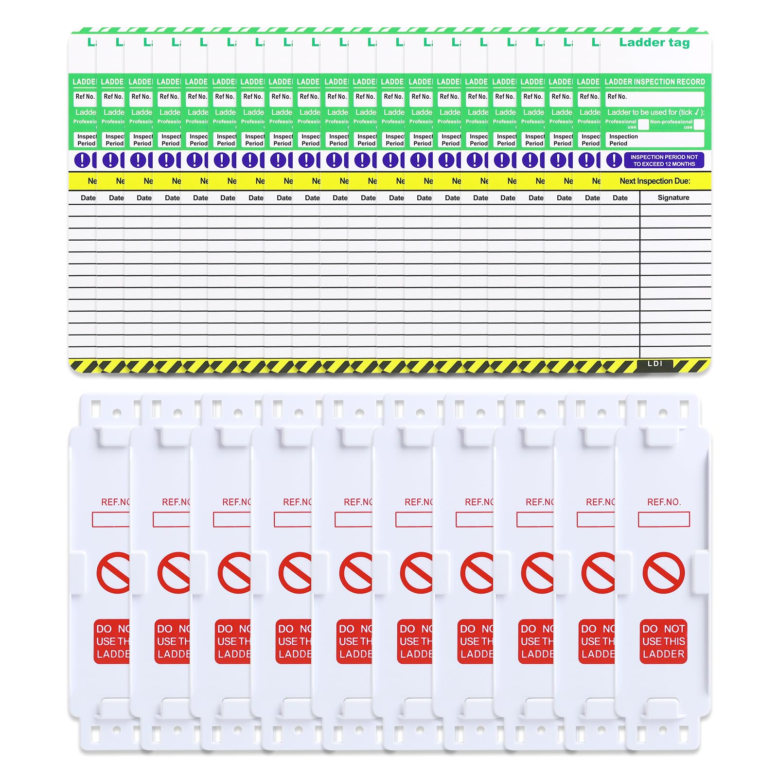 Ladder Tags - 10 Holders and 20 Ladder Inspection Tag Inserts, Weatherproof Safety Inspection Record Kit, Accident Prevention Tag Replacement Inserts Fits All Ladder Types & Other Equipment