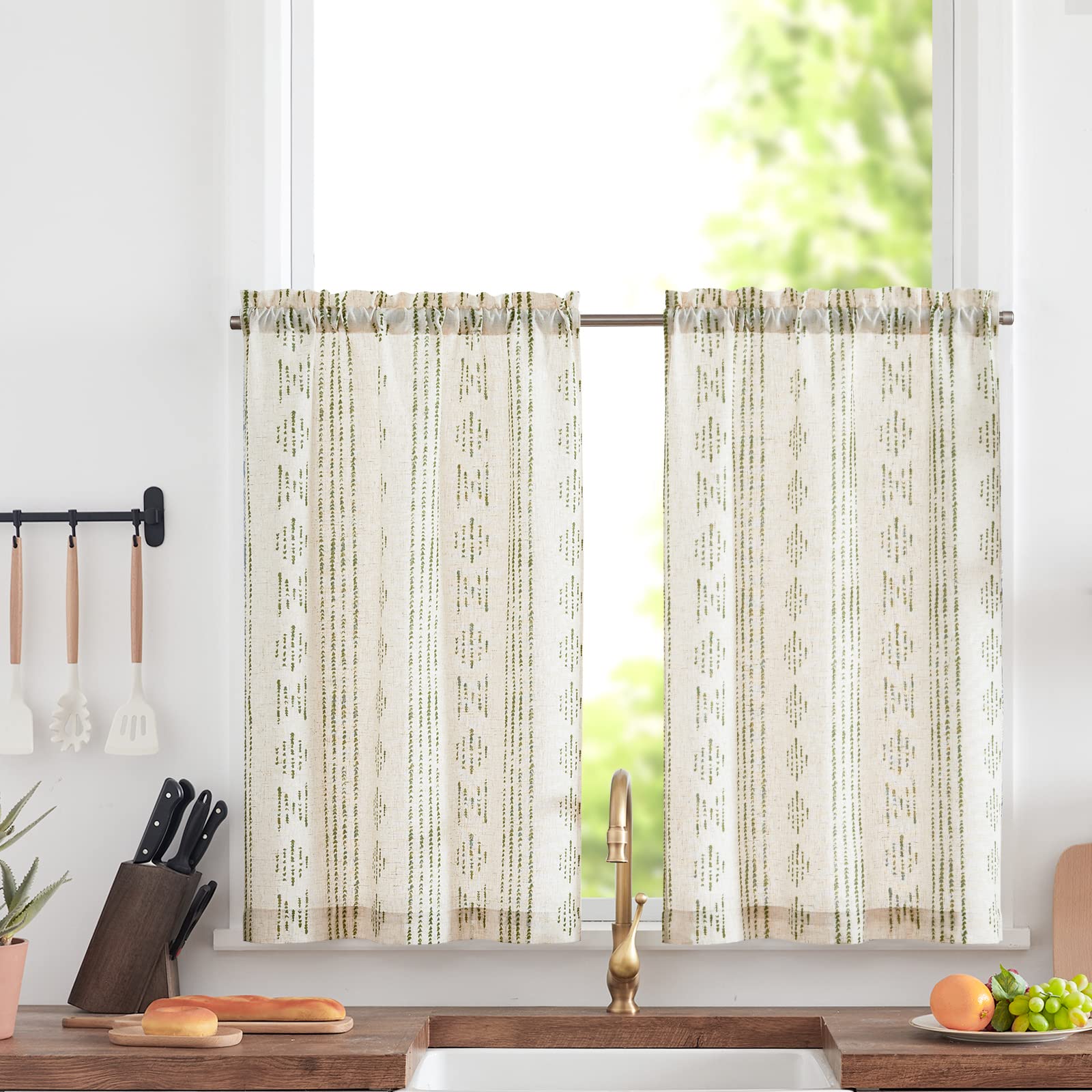 TOPICK Boho Linen Blend Kitchen Curtains 36 Inch Drop Small Cafe Curtains Light Filtering Tier Curtain for Bathroom RV Baset Sink Cupboard Rod Pocket Green on Beige 2 Panels
