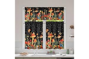 mvhsuoem 3 Piece Mushroom Kitchen Curtains and Valances Set for Kitchen Windows Over Sink Decor Farmhouse Art Curtains 27.5x3