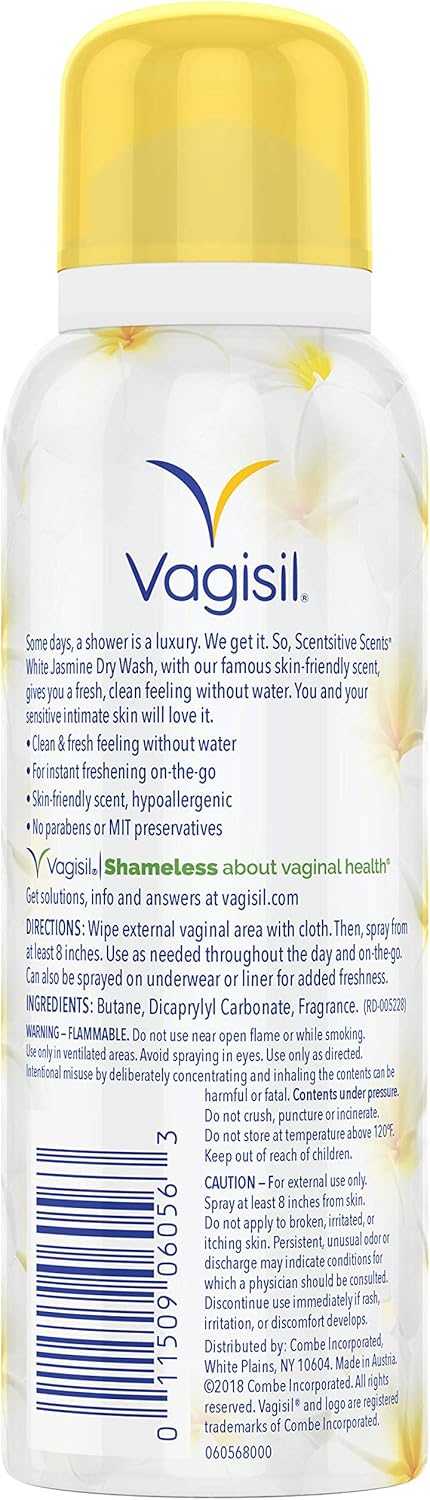 Vagisil Scentsitive Scents Feminine Dry Wash Deodorant Spray for Women, Gynecologist Tested, Paraben Free, White Jasmine: Health & Personal Care