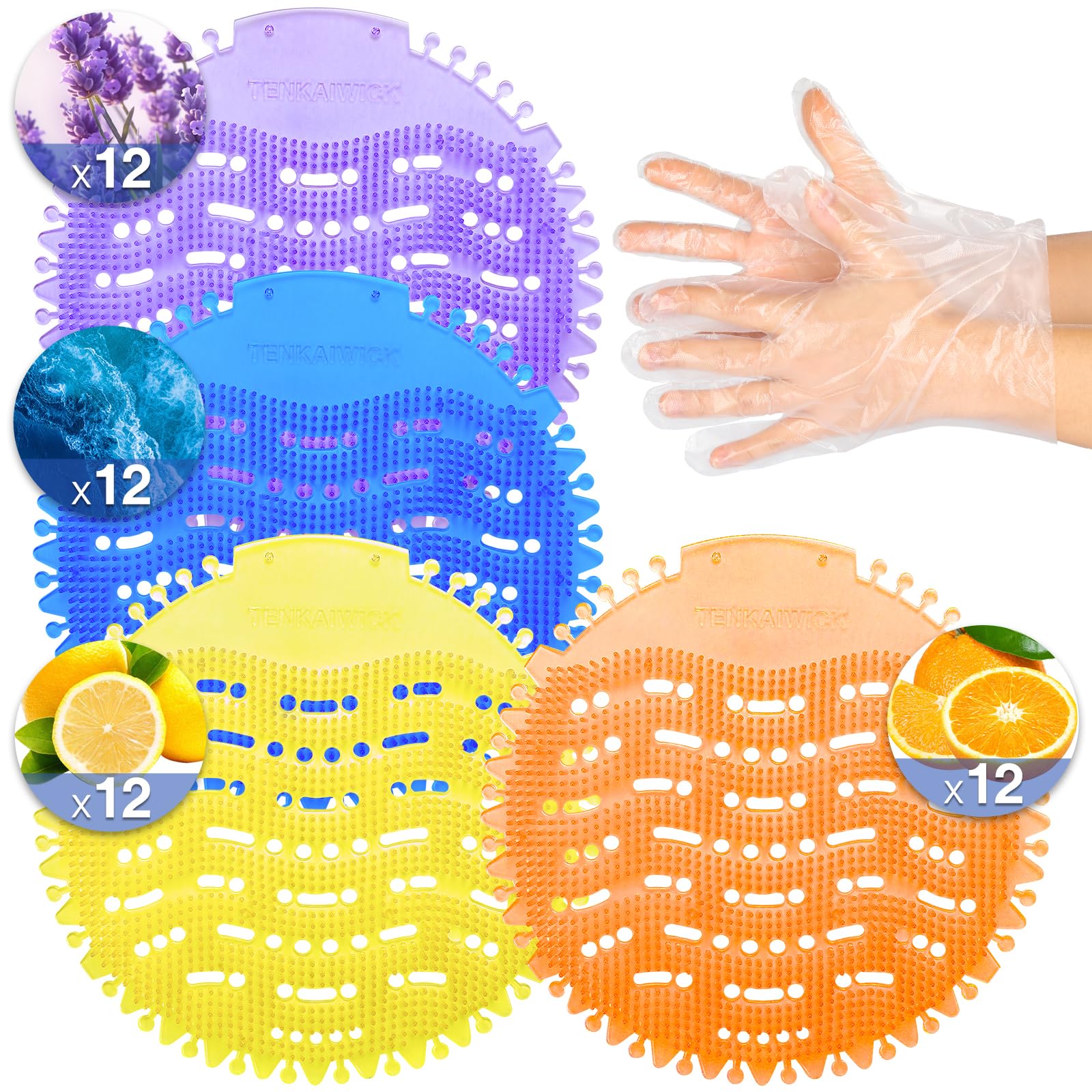 Photo 1 of 48 PACK Urinal Deodorizer Screen with 100 Gloves-3D Wave Anti-Splash Odor Protection Urinal Cakes for Men Toilets, Four Scents Urinal Mats
