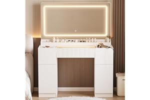 INNOD 44" Vanity Desk with Large Mirror and Lights, Modern Glass Top Makeup Vanity Set with Power Outlet, 3 Drawers and 2 Cabinet, 3 Lighting Color Adjustable Dressing Table for Bedroom,Pure White