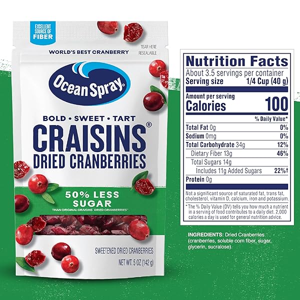 OCEAN SPRAY® CRAISINS®, 50% LESS SUGAR DRIED CRANBERRIES, DRIED FRUIT, 5 OZ POUCH (PACK OF 1)