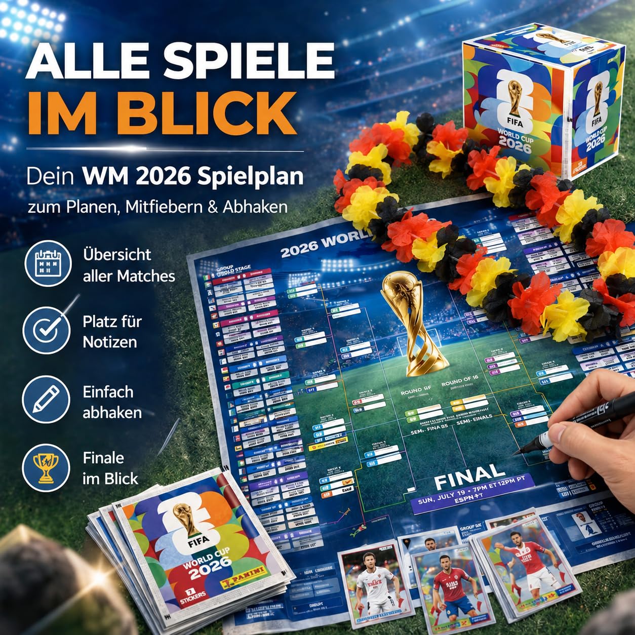 XXL Fan Starterset WM 2026 – Original Panini Sticker Album, Extra 1x Spielplan & Deutschland Blumenkette (25 Tüten / 175 Sticker Set) Eigenmarkenbundle 6