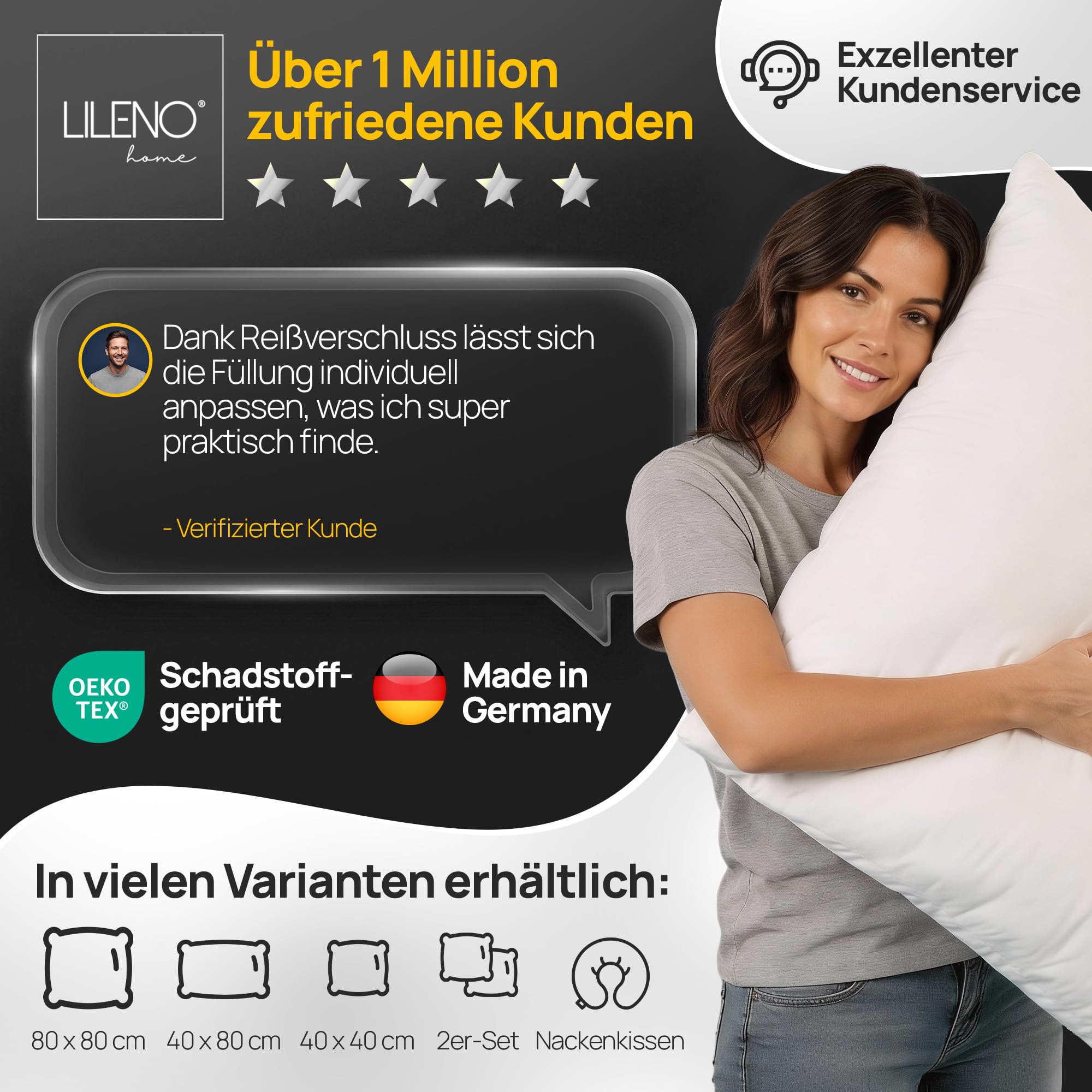 LILENO HOME Kissen 60x60 (2er Set) – 95 °C waschbar, Oeko-Tex & Made in DE – Allergiker Kopfkissen 60x60 anpassbar für himmlischen Schlaf – Haut schmeichelndes & geruchsfreies Pillow 8