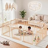 Foldable Wooden Playpen - Adjustable Wood Baby Play Yard with Door, Indoor Large Safety Fence for Babies and Toddlers - Easy 