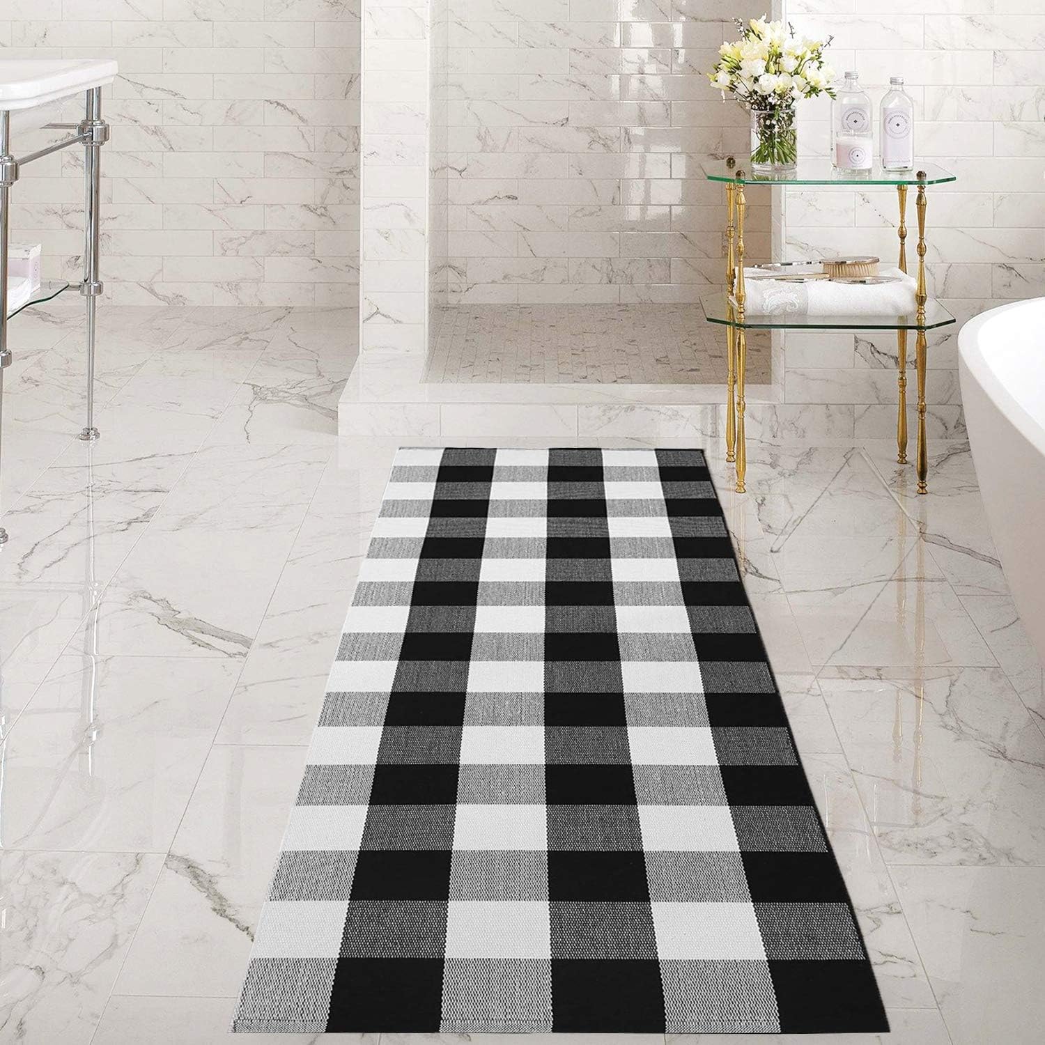 Winwinplus Buffalo Check Rug Cotton Washable Christmas Doormat Unique for Bedroom/Living Room/Kitchen, 23.6 inch x 51.1 inch, Outdoor Plaid Rug, Black and White