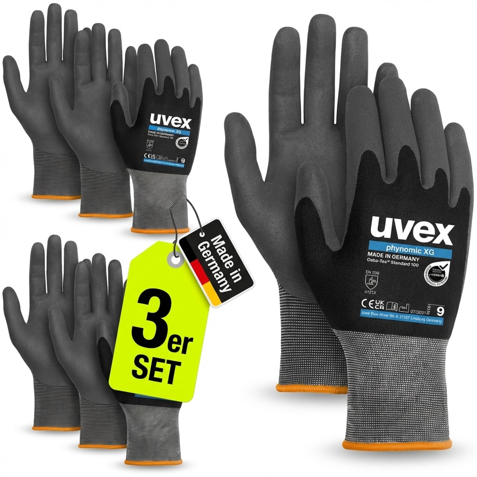 3x Uvex Phynomic XG 60070 Working Safety Gloves - Assembly Gloves with Strong Oil Grip EN388