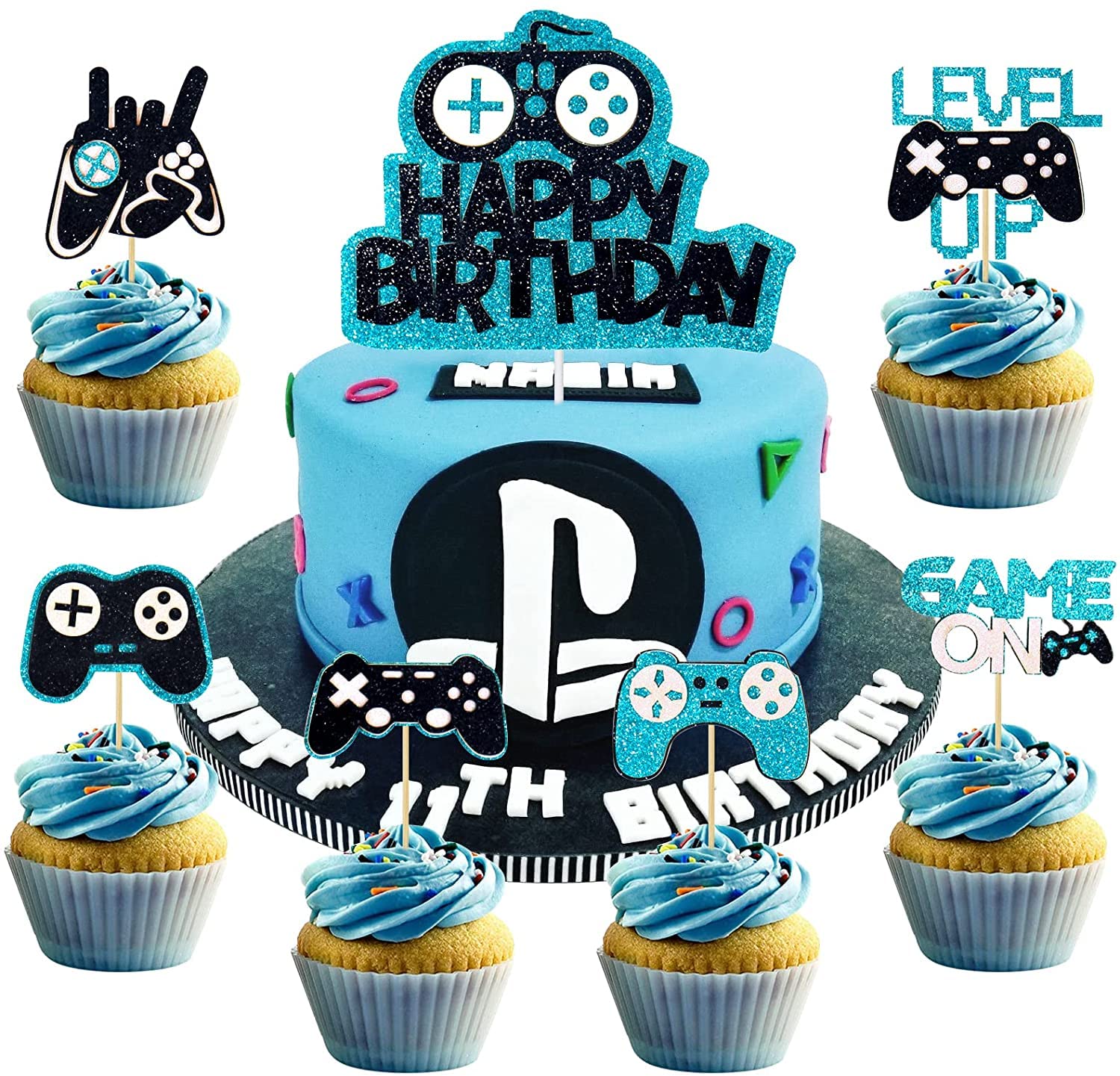 Tarklanda 31PCS Video Game Cake Toppers Happy Birthday Cupcake Picks Gaming Theme Topper Party Banner Controller Backdrop for Kid Themed Birthday, Blue