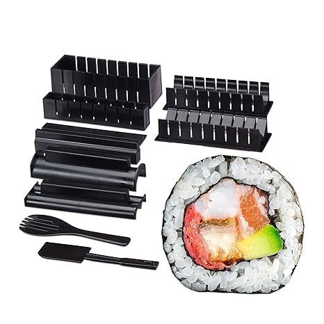 Relaxdays Sushi Maker Set, Formen, Reislöffel, Spachtel, Sushi selber machen, Sushi Set f. Anfänger, Kunststoff, schwarz