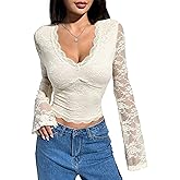 KWSTAIN Lace Tops for Women Going Out Bell Long Sleeve Eyelash Floral V Neck See Through Crop Blouses Shirts 2025 Fall Trendy