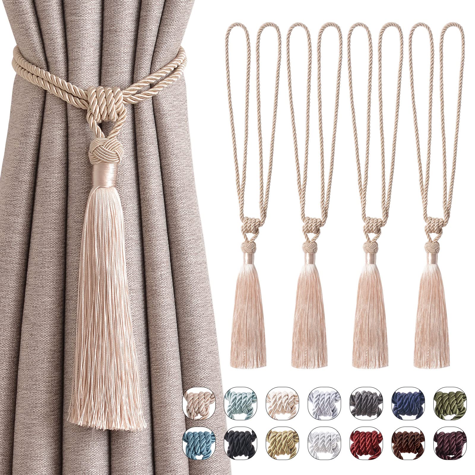 Pretty Jolly 4 Pack Long Tassel Curtain Tiebacks Handmade Braided Rope Knot Drape Tie Backs European Style Decorative Curtain Holdbacks for Home & Office Window Drapery (Dark Beige)