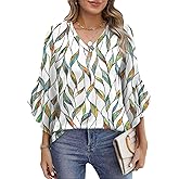 OFEEFAN Blouses for Women Dressy Casual 3/4 Length Sleeve Womens Tops V Neck Tshirts Shirts with Flared Sleeve