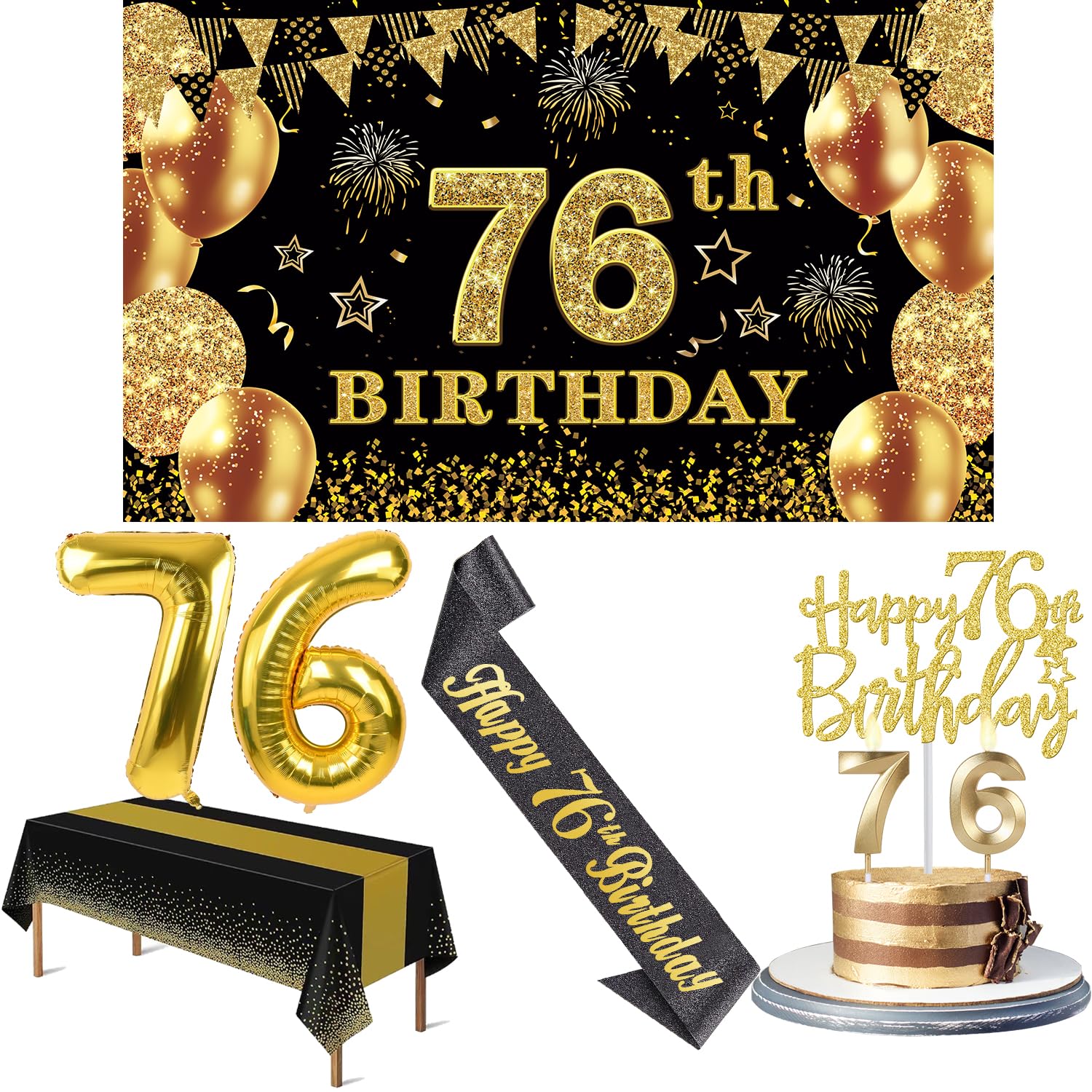 Photo 1 of 76th Birthday Decorations Men Women with 76th Birthday Banner, Black and Gold Table Cloth, 76 Number Balloons, 76th Birthday Sash, 76th Birthday Cake Topper and 76th Birthday Candles